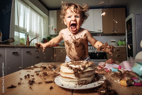 a playful hyperactive cute white toddler boy misbehaving and making a huge mess in a kitchen, throwing around cake and food at a birthday party celebration. Studio light.