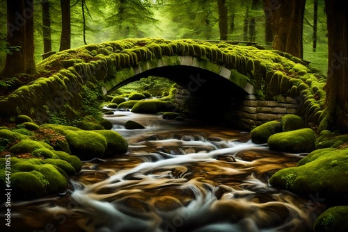 A peaceful, moss-covered stone bridge spanning a babbling brook in a secluded forest. 