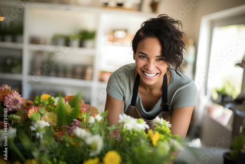 Happy african american flower shop owner smiling as she achieves success in her small business. concept of happiness in everyday life. generative AI