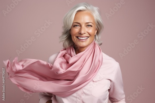 beautiful gorgeous 50s mid age beautiful elderly senior model smiling woman with grey hair and silk scafr, mature old lady close up portrait on pink background