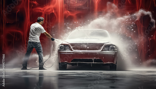 Worker washing a red car at a car wash