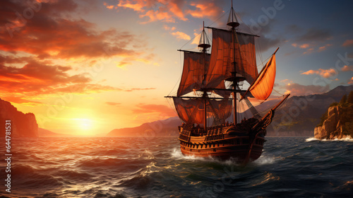 Old ancient pirate ship on peaceful ocean at sunset