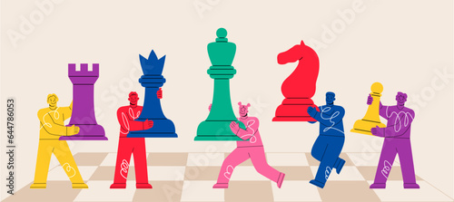 Team of diverse man and woman colleagues playing giant chess together. Teamwork business and Business strategy concept. Colorful vector illustration