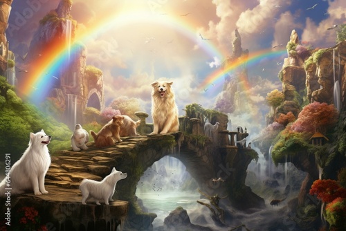 Pets' paradise with rainbow bridge, ethereal clouds, and sunshine for the afterlife. Generative AI