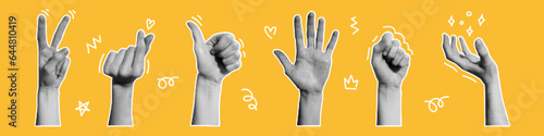 Vector collage set of halftone hands and cut out shape. Trendy vintage collection of gesture signs. Retro halftone effect. Modern art collage with human palms.