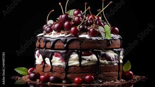 A chocolate cake with cherries on top of it. Fictional image. Black forest cake, swartswalder kirsch torte.