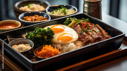 A neatly arranged bento box with compartments filled with rice, vegetables, protein, and side dishes
