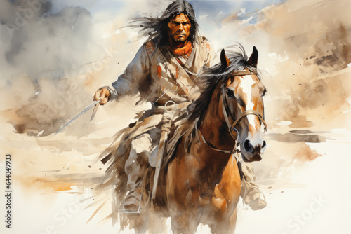 Native american man riding a horse in the wild west desert in watercolor, indigenous navajo indian in traditional cloth