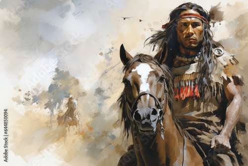 Native american man riding a horse in the wild west desert in watercolor, indigenous navajo indian in traditional cloth