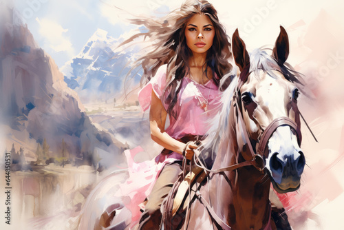 Native american woman riding a horse in wild west in watercolor, young indigenous navajo indian in traditional cloth