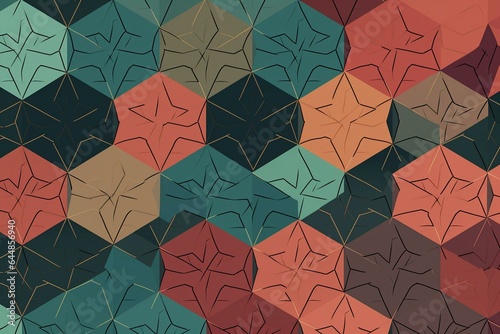 An interconnected pattern of hexagons arranged in circles and triangles, repeated three times. Generative AI