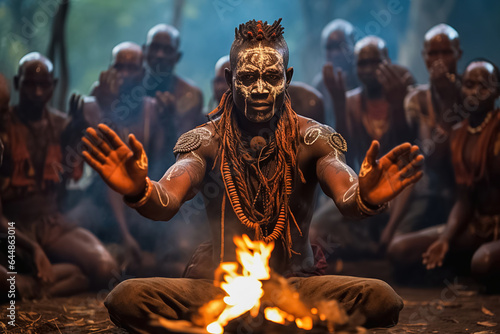 Portrait of the leader of an African tribe sitting by the fire.