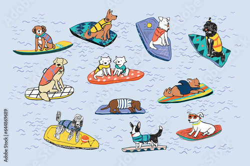 Dog surfing vector illustrations set.