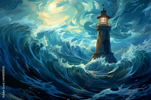 Illustration of a mystical lighthouse amidst turbulent waves, dark clouds, and mysterious symbolism. Perfect for tarot cards and posters. Generative AI
