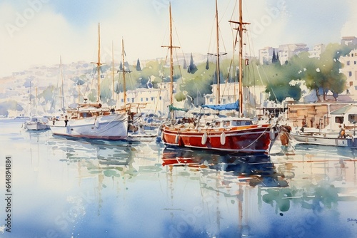 Watercolor depiction of yachts in Bodrum harbor, a coastal town on the Aegean Sea. Generative AI