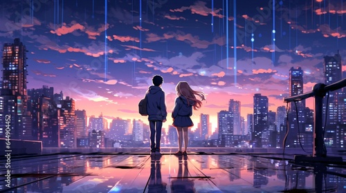 Anime Couple in Love, City Background, Romantic Boyfriend and Girlfriend.