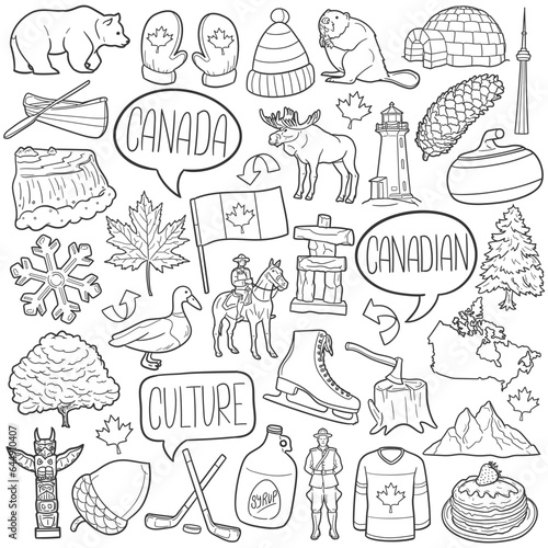 Canada Doodle Icons. Hand Made Line Art. Canadian Clipart Logotype Symbol Design.