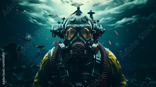 Scuba diver man swimming in the underwater sea, close up face of man wearing mask, Generative AI