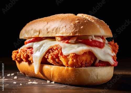 Chicken breaded fillet sandwich sub with parmesan cheese and sauce.Macro.AI generative.