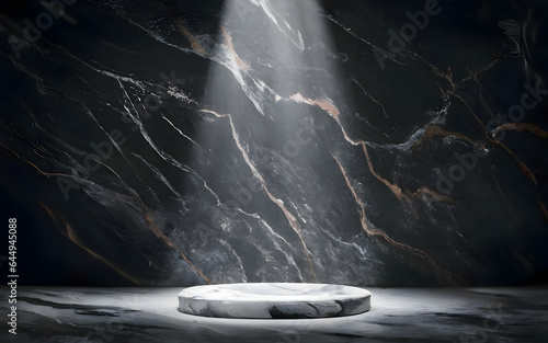 Empty black podium platform with light for new product, promotion sale, banner, presentation, cosmetic, copy space on dark background 
