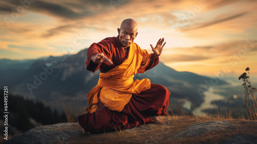 shaolin worrier monk practicing kung fu outside on the grass at sunset