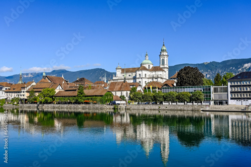 Solothurn, Aare, Altstadt, Kathedrale, St. Ursen-Kathedrale, Barock, Stadt, Fluss, Landhausquai, Kreuzackerbrücke, Uferweg, Sommer, Schweiz