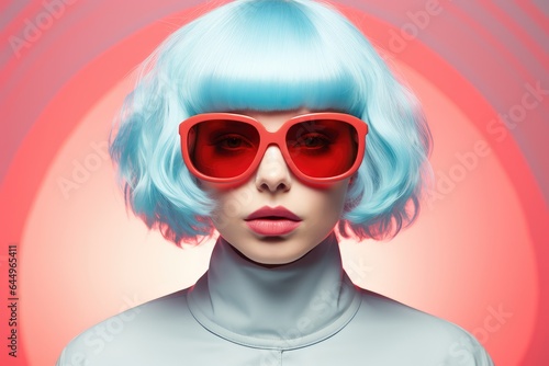 Retro-futuristic woman with short hair wearing sunglasses.