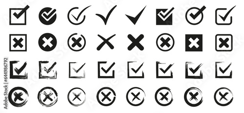 Check and cross icon collection. Doodle check marks and cross symbol. Accept, wrong, choose, delete, vote symbols. Set of filled boxes for answers in test
