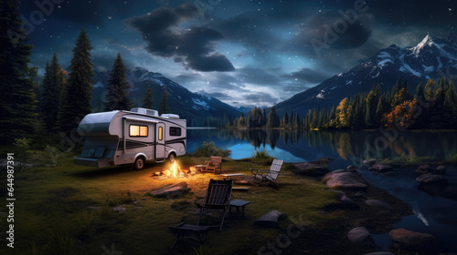 A serene campsite scene with an RV parked amidst nature, highlighting the cozy and comfortable living space that these vehicles provide for travelers