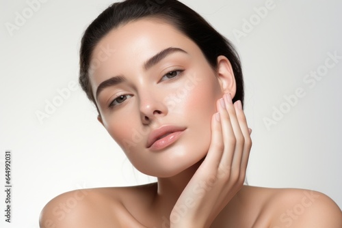 Black-haired woman touches her face with her hand, skin care, portrait, advertising, portrait