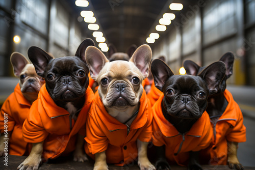 Compelling image of a lonely dog in an orange prisoner costume, abandoned and confined behind the hard iron bars of an animal shelter.