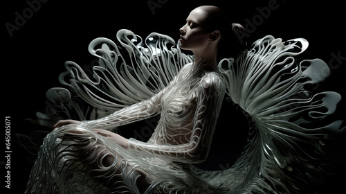 Fashion Model in Fashion Editorial or Ad for Magazine in Haute Couture with Wings. Made by Generative AI
