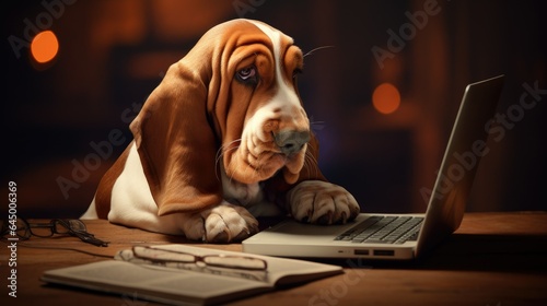 cute basset hound dog with laptop