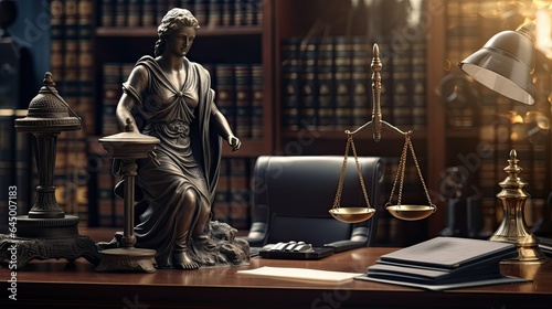 lawyer office statue of justice with scales and lawyer