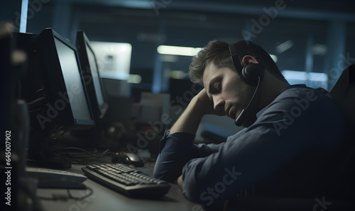 Call center employee agent has fallen asleep lying on his desk. Tired, exhausted call center or telemarketing operator with work burnout.