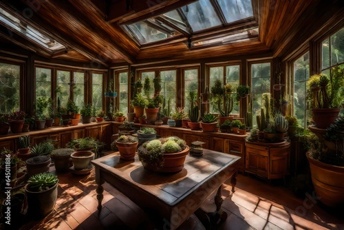 A sunroom filled with potted succulents of various shapes and sizes.