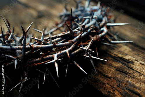 Background of a crown of thorns of Jesus Christ our Savior crucifixion on top of old wood Generative AI Illustration