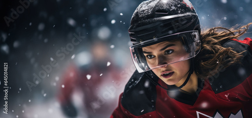 A compelling portrait of a girl hockey player, poised and determined on the ice, embodies the spirit of women's hockey.