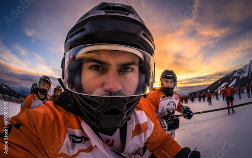 Selfie of a hockey player on the hockey field with the team