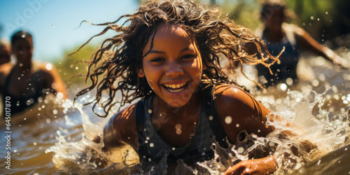 Vibrant image of a joyful Aboriginal Australian girl, energetically splashing in an Outback river, embodying freedom, youthfulness and cultural tradition.