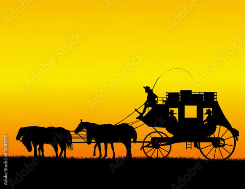 Four horses stage coach wagon on the prairie, vector illustration