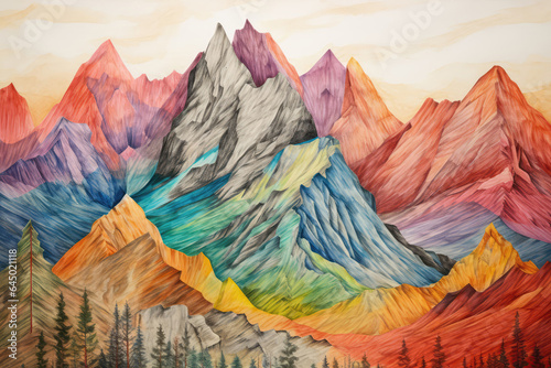 Mountain Landscape Painted With Crayons. Сoncept Color Blending Techniques With Crayons, Capturing Mountain Landscape Depth In Painting, Creatures And Details In Mountain Landscapes