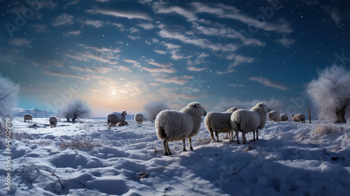 sheep grazing together in the snow on a starry night