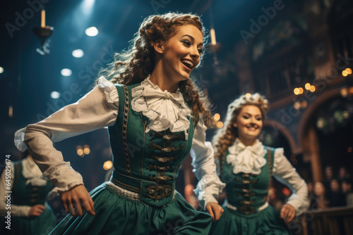 Irish step dancers gracefully performing on stage in traditional Irish dance attire. Generative Ai.