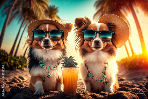 Two romantic dogs wearing sun hats relax with a cold cocktail on a tropical beach, generative ai