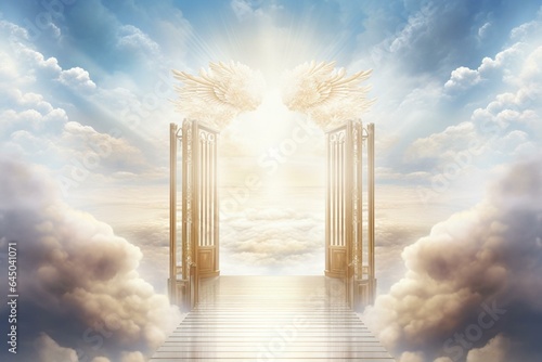 Illustration: heavenly gate and divine light shining through gap in sea of clouds beyond falling white. Generative AI