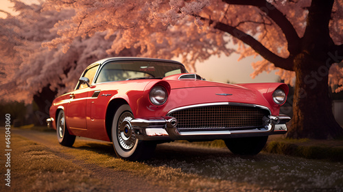 1957 Ford Thunderbird on a road surrounded by Cherry Blossom Trees on an Evening