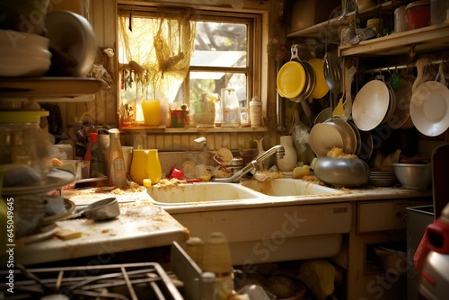 Disorderly kitchen with blocked sink caused by spoiled food, moldy dishes, and untidiness. Generative AI