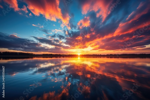 Bright colorful golden clouds at sunset over a beautiful calm forest lake reflecting the sky