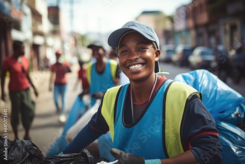 Smiling portrait of a happy young african american male volunteer picking up trash and plastics in the city